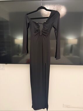 Oh Polly Black Long Sleeve Off The Shoulder Maxi Dress with Front Slit